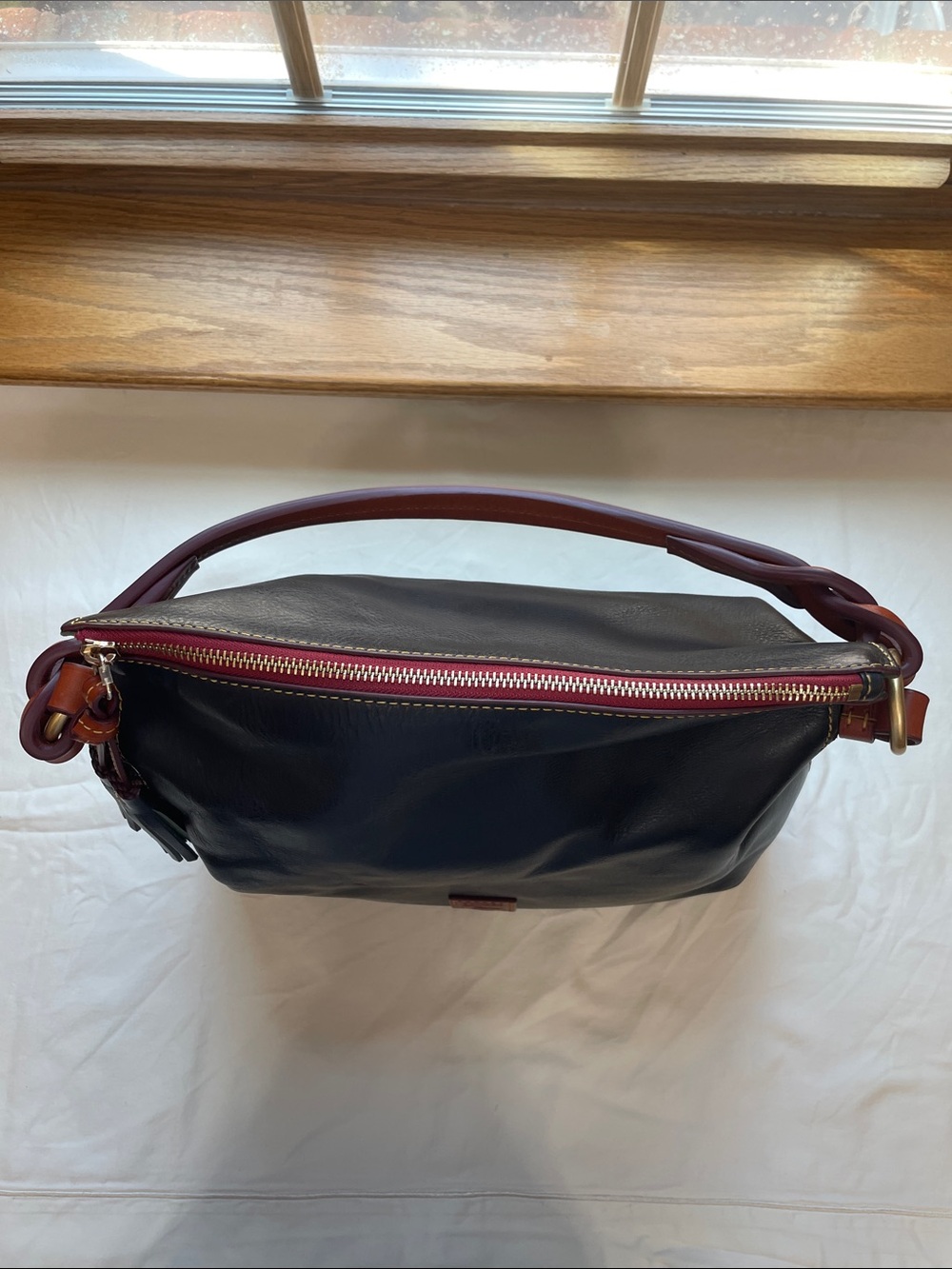 Dooney & Bourke Navy Florentine Twist Strap Hobo Brown Trim and Tassel - Picture 15 of 16